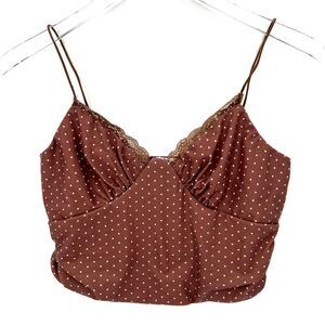 Princess Polly Cropped Tank Top Size‎ 8 Brown Polka Dot Lace Trim Coquette